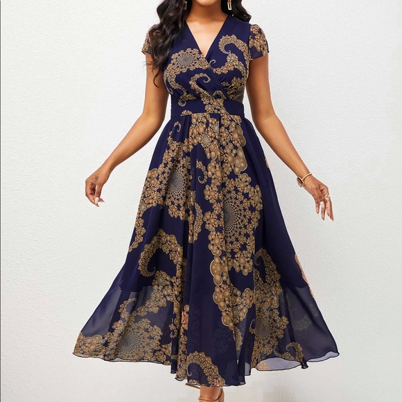 Tribal Print V Neck Short Sleeve Dress Size L - Picture 8 of 9